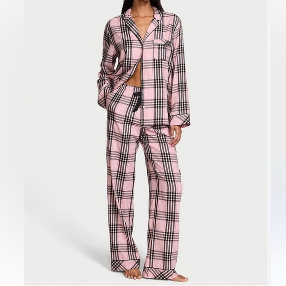 Victoria's Secret Cotton Flannel Pajama Set Long Sleeve Pink Black Plaid Sz L - Picture 15 of 16